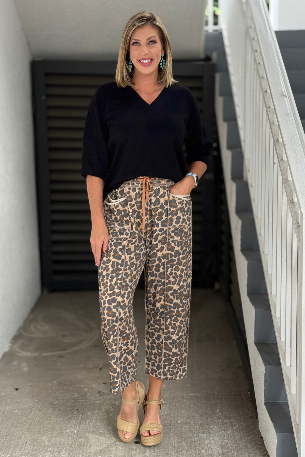 Leopard French terry barrel pants with patch pockets