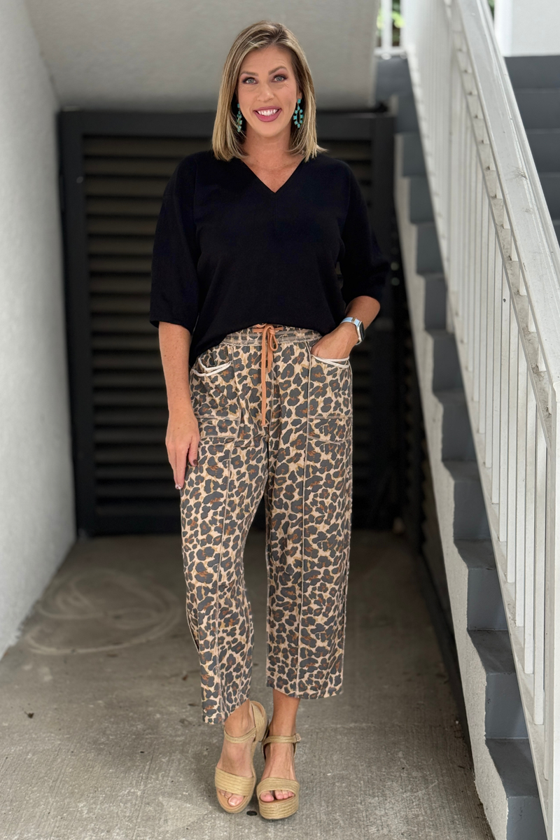 Leopard French terry barrel pants with patch pockets
