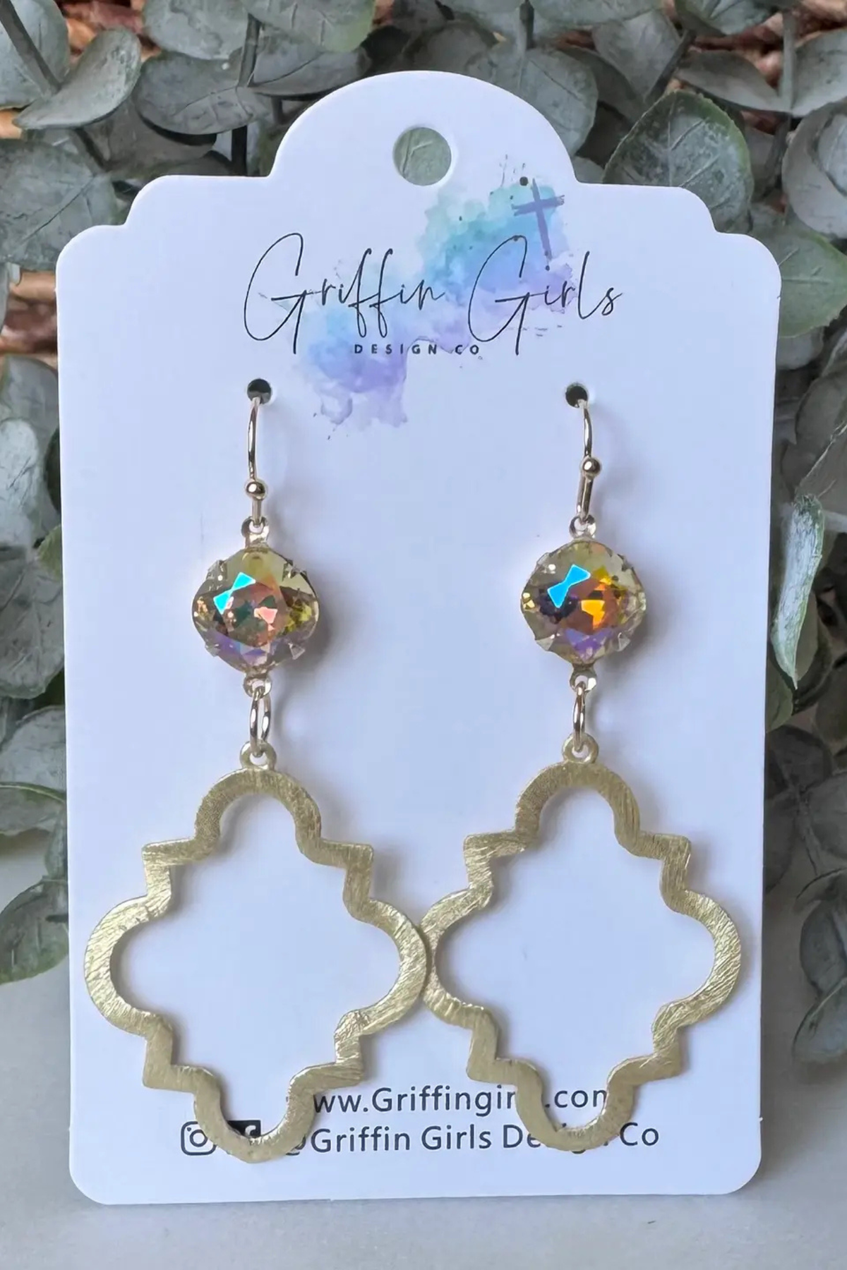 Avery iridescent stone gold statement earrings with matte gold quatrefoil charm