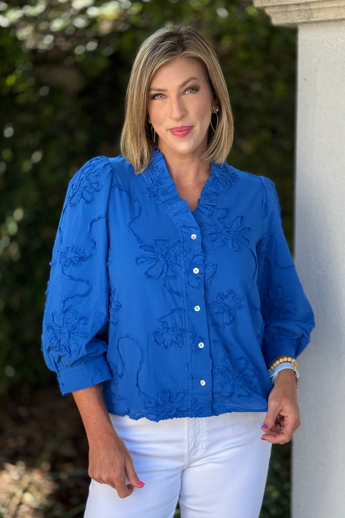Marlowe Textured Floral Button Top in Royal Blue front view