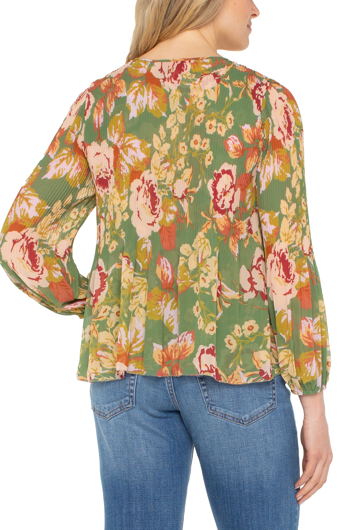 Back view of Liverpool Pleated Chiffon V-Neck Blouse in Green Multi Floral