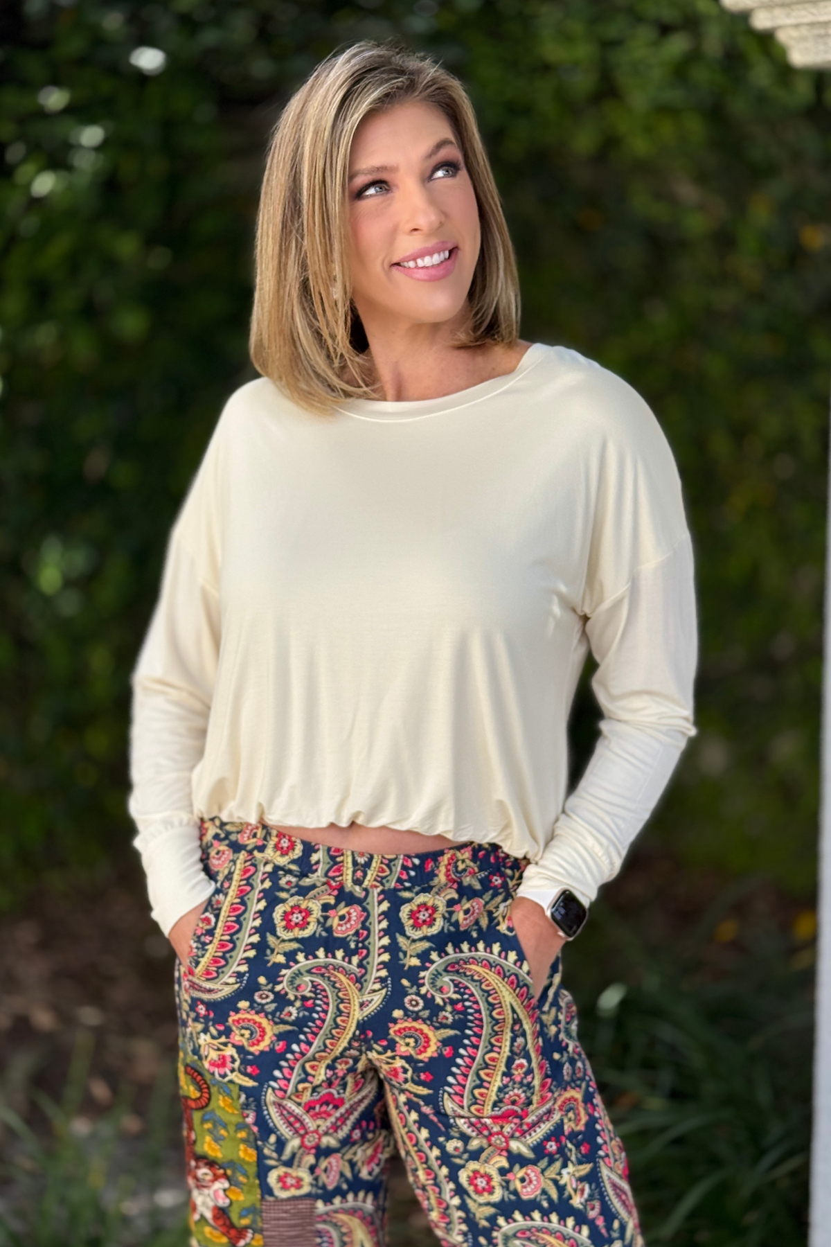 Cream bamboo bubble hem long sleeve top for women