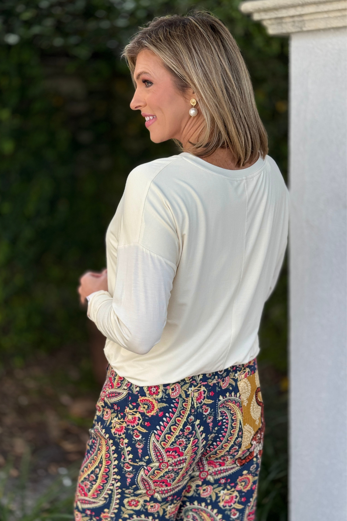 Women’s cream bamboo stretch top with draped silhouette