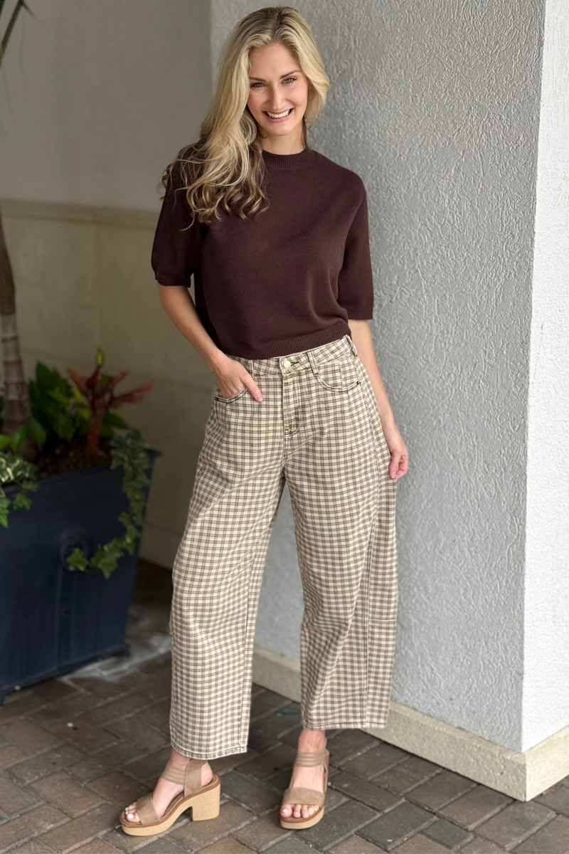 Tan and brown mini checker print barrel leg pants from The Pink Nickel