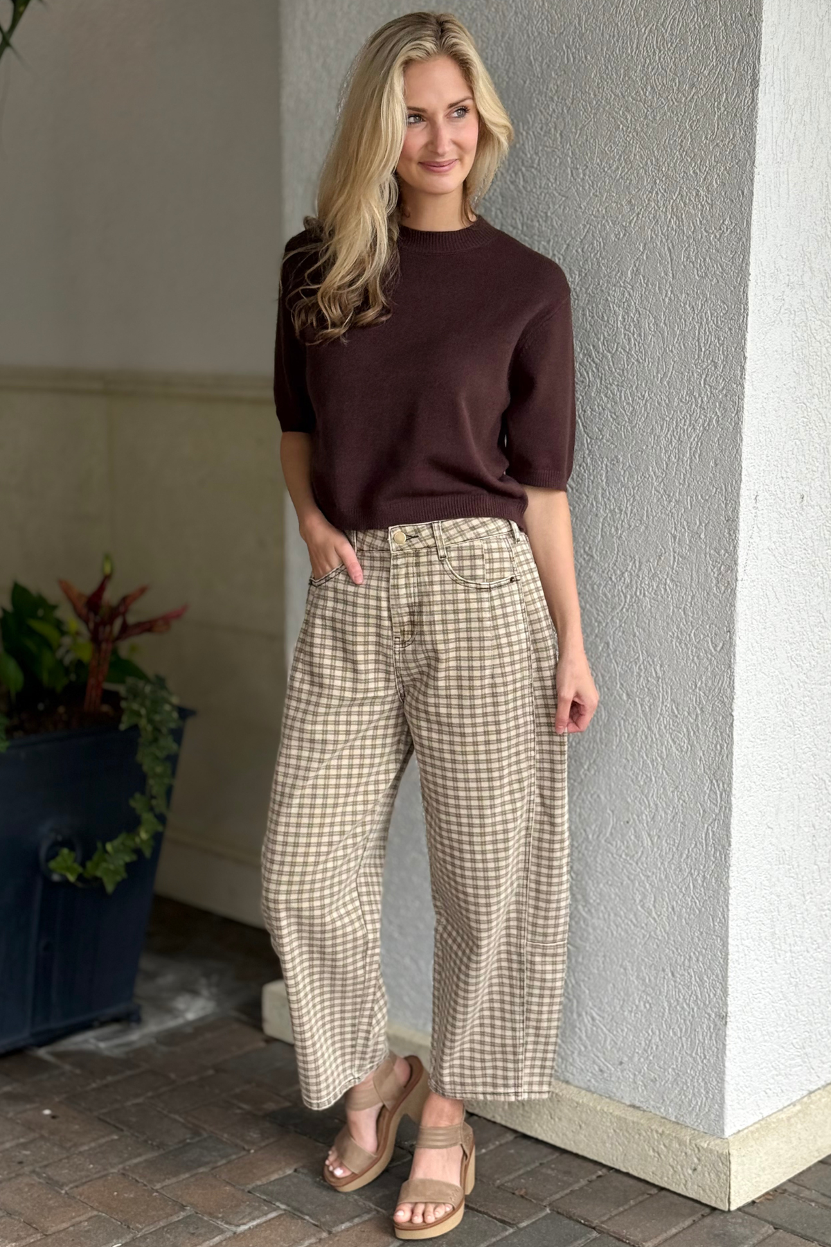 The Pink Nickel The Autumn Check Barrel Pants in tan and brown checker pattern
