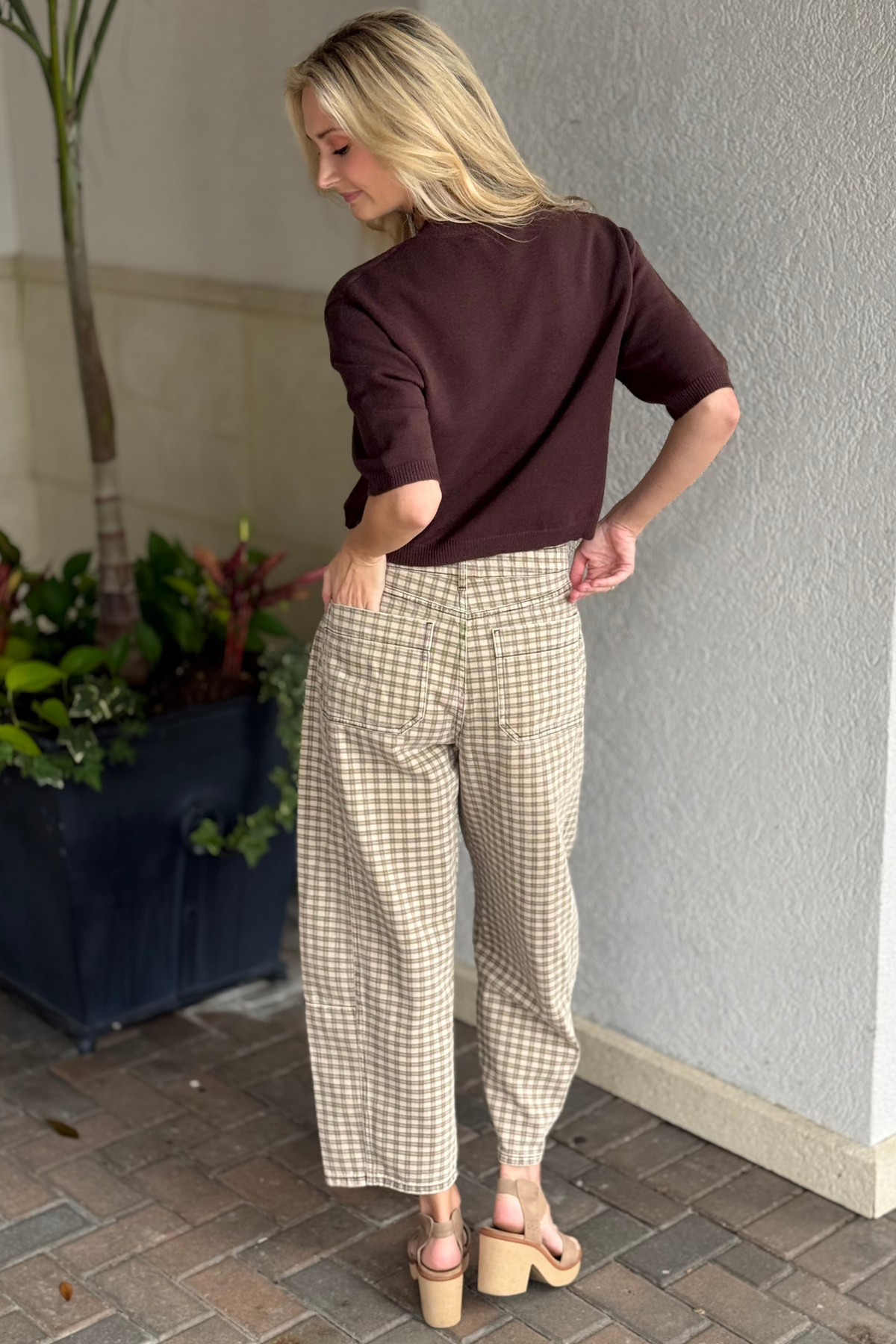 Autumn Check Barrel Pants styled with brown knit top