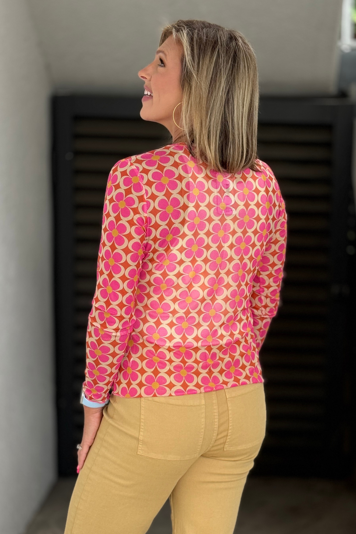 Pink retro floral mesh top with lettuce edge details