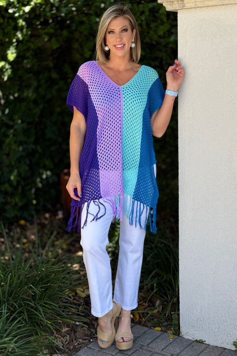multicolor crochet cover up front view tassel hem