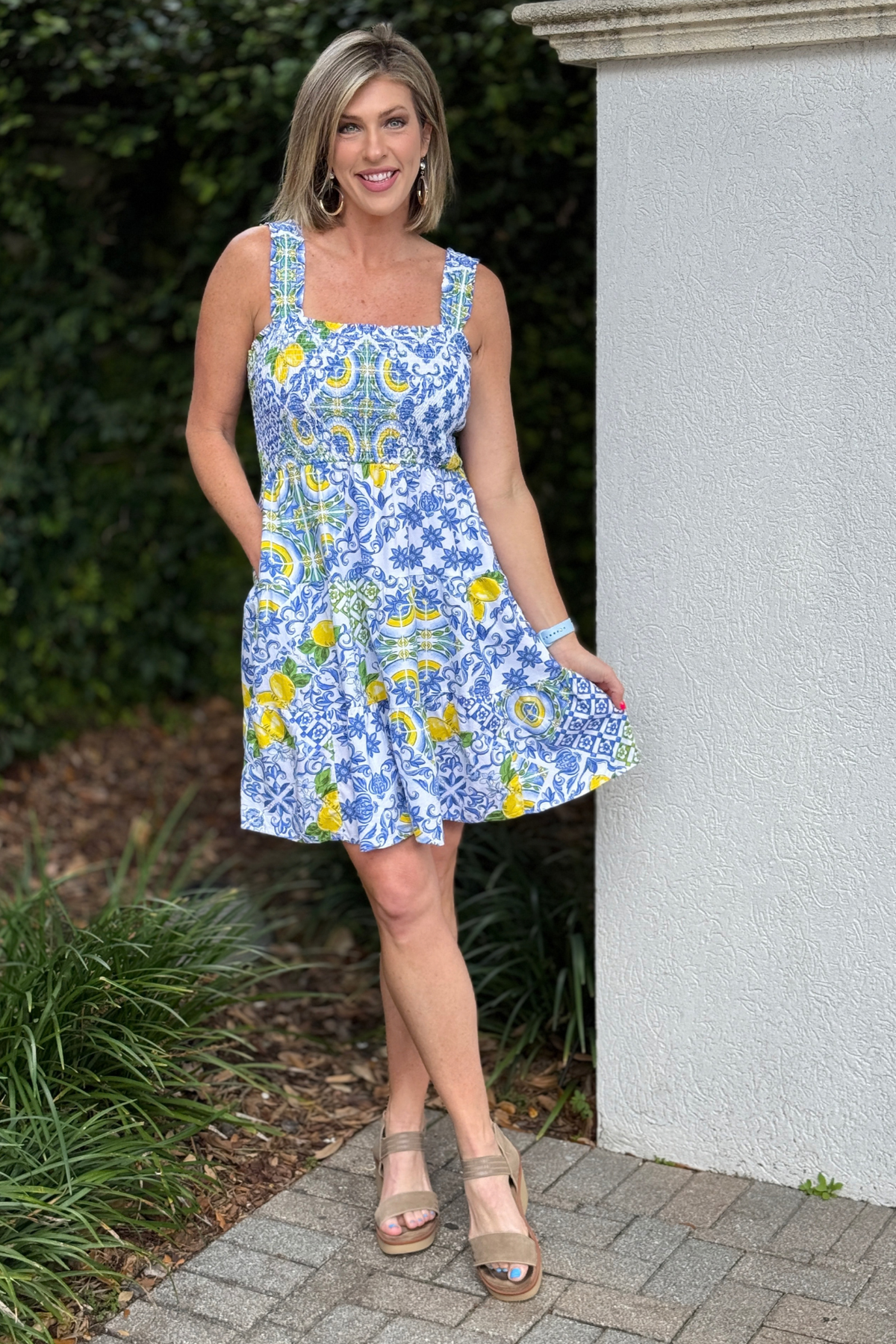 lemon print tiered sundress women