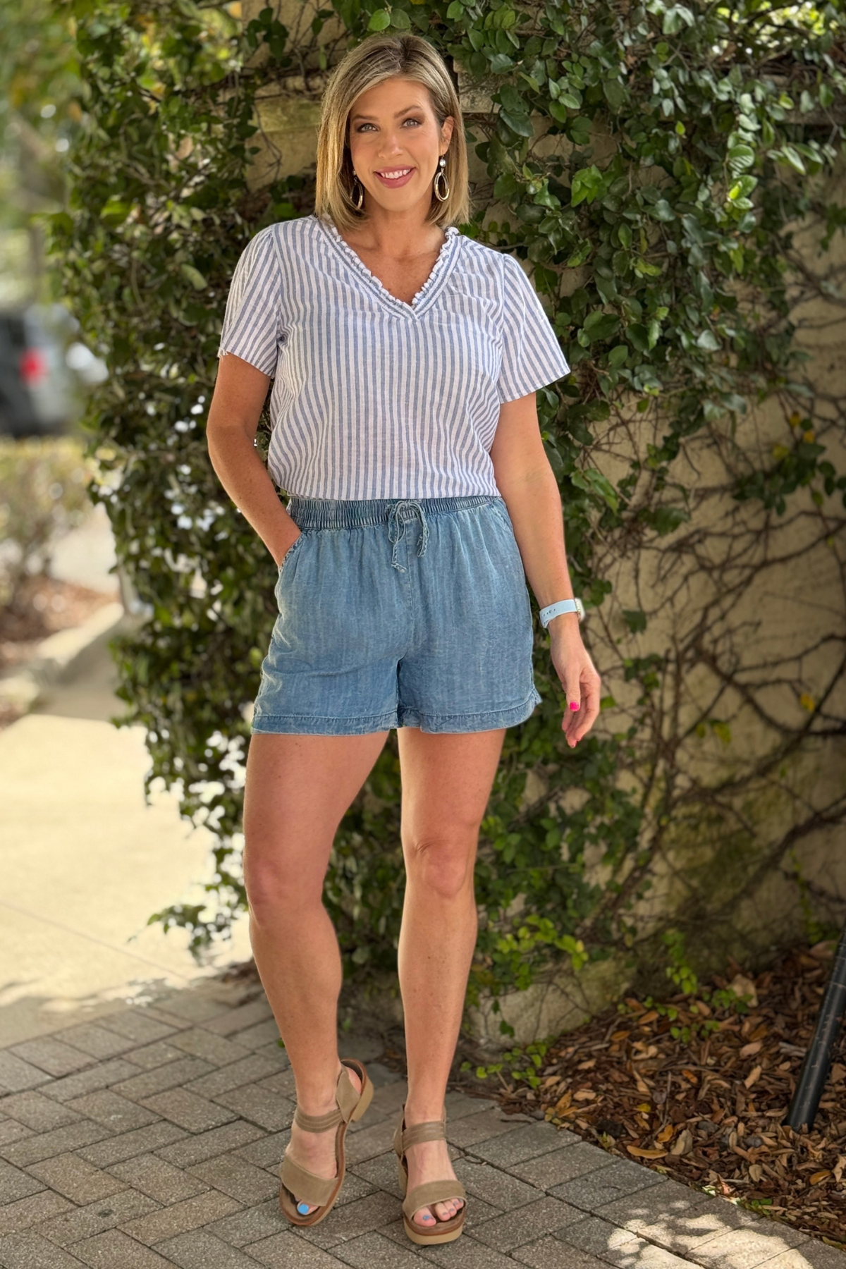 medium wash chambray drawstring shorts women