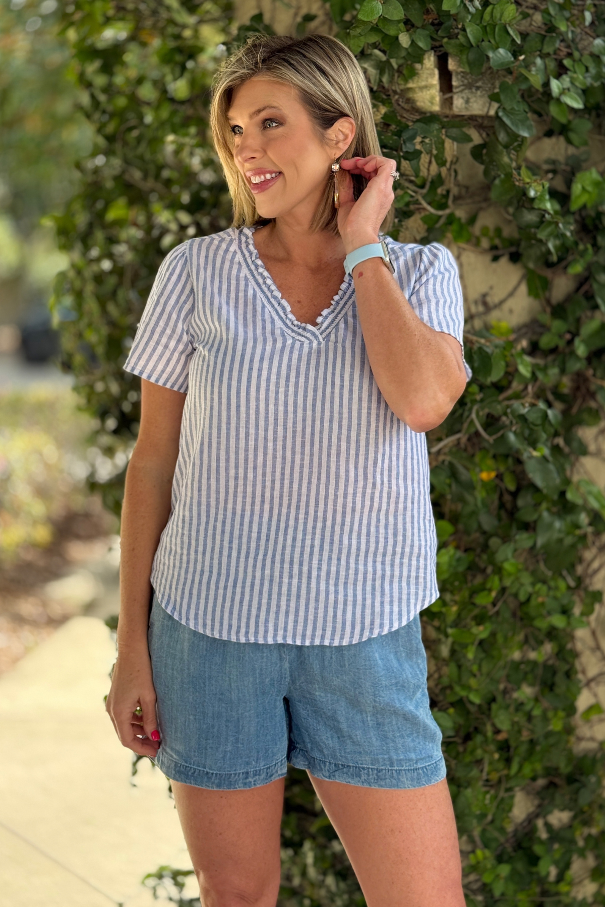 blue stripe ruffle v neck linen top women