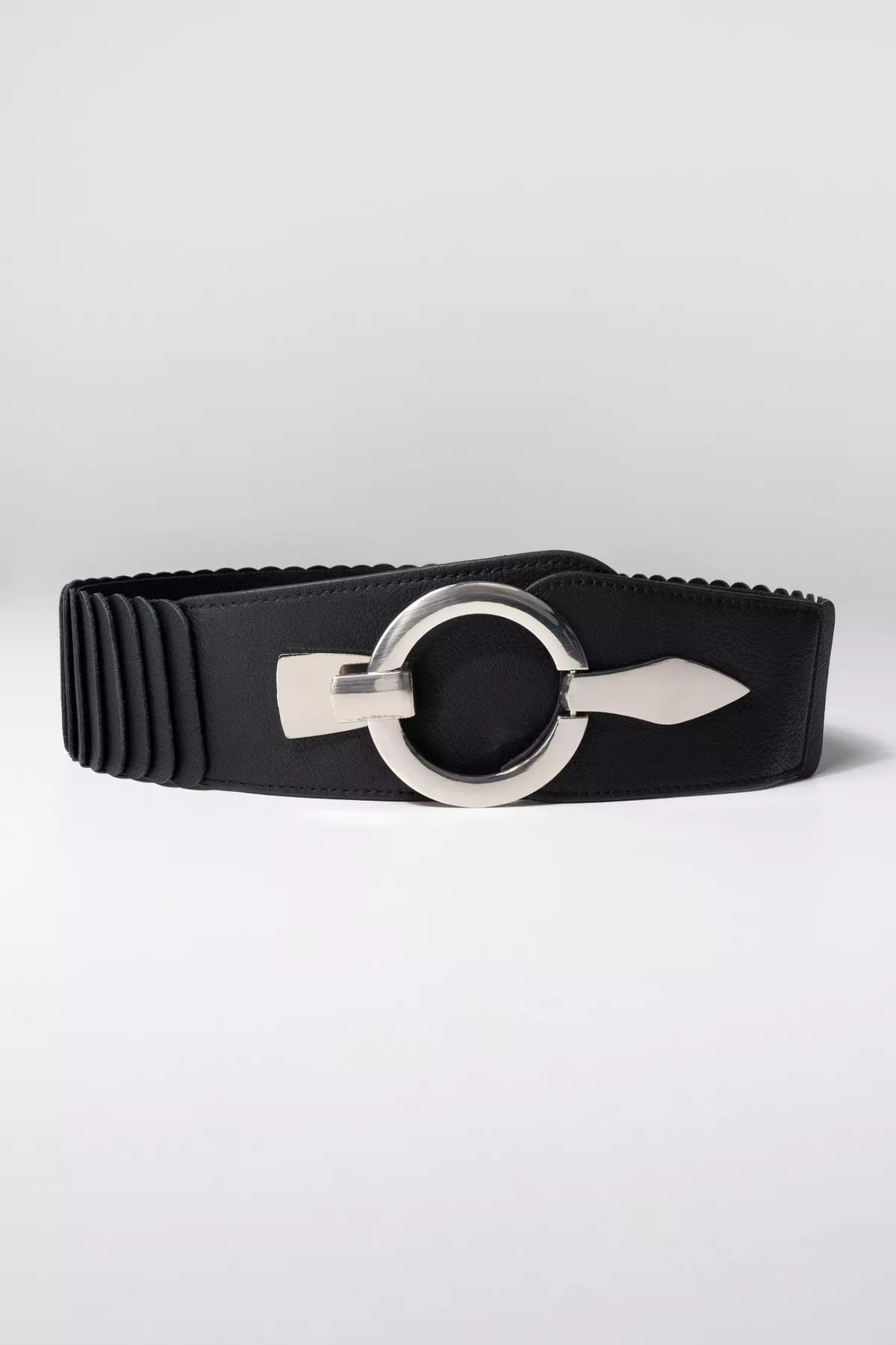 black stretch waist belt with silver hardware