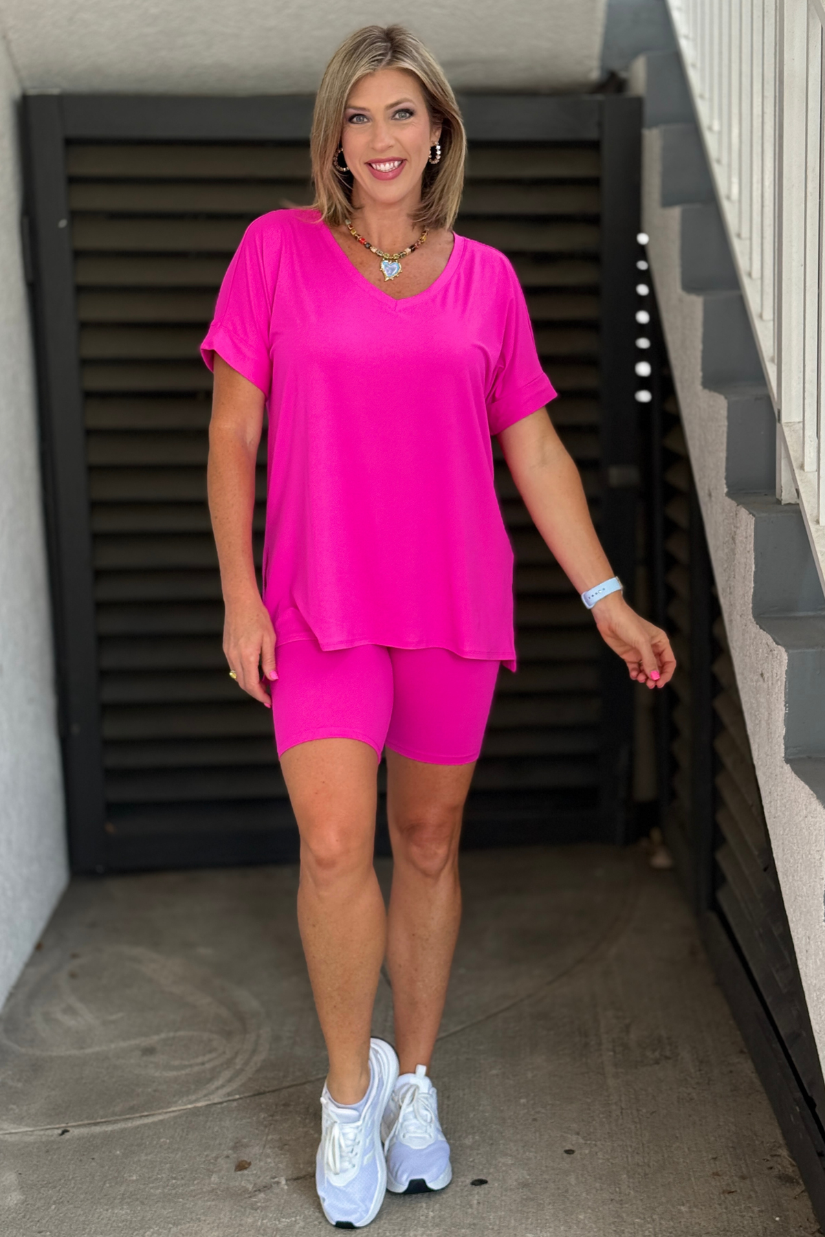 Bright pink two piece casual summer outfit boutique style