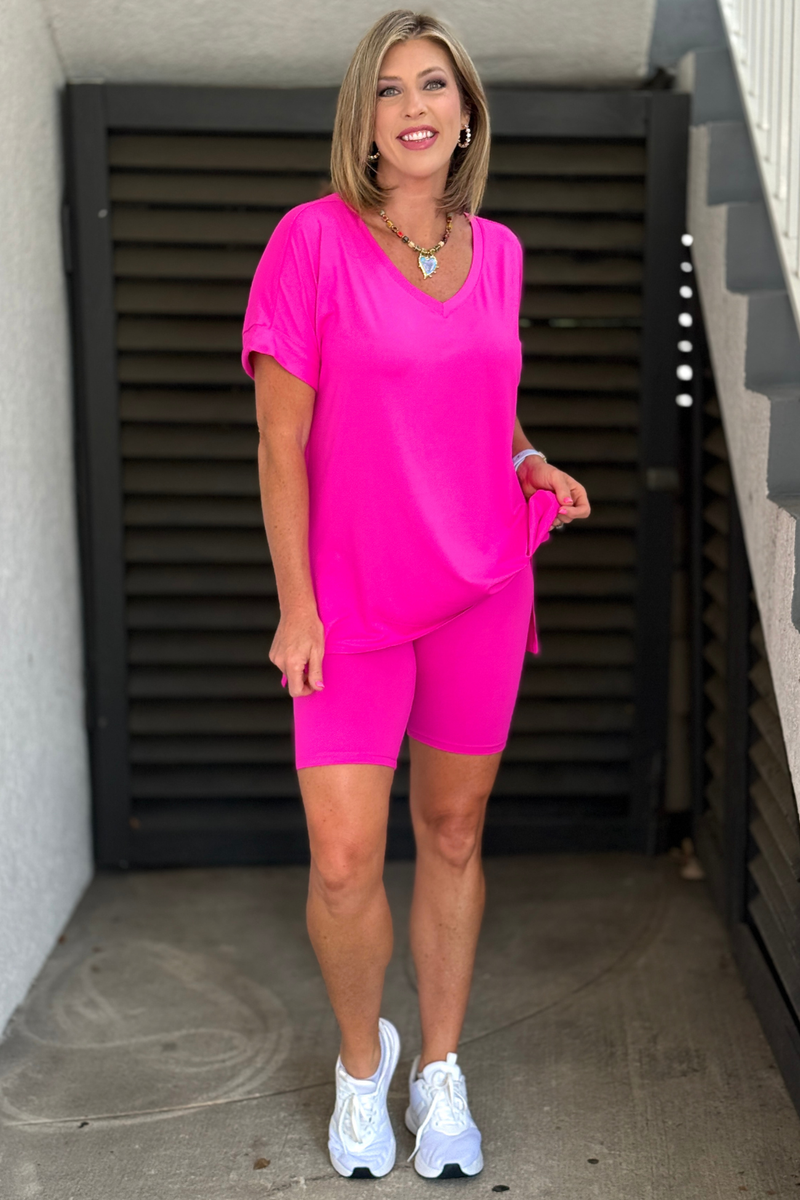 Women’s hot pink matching lounge set with biker shorts
