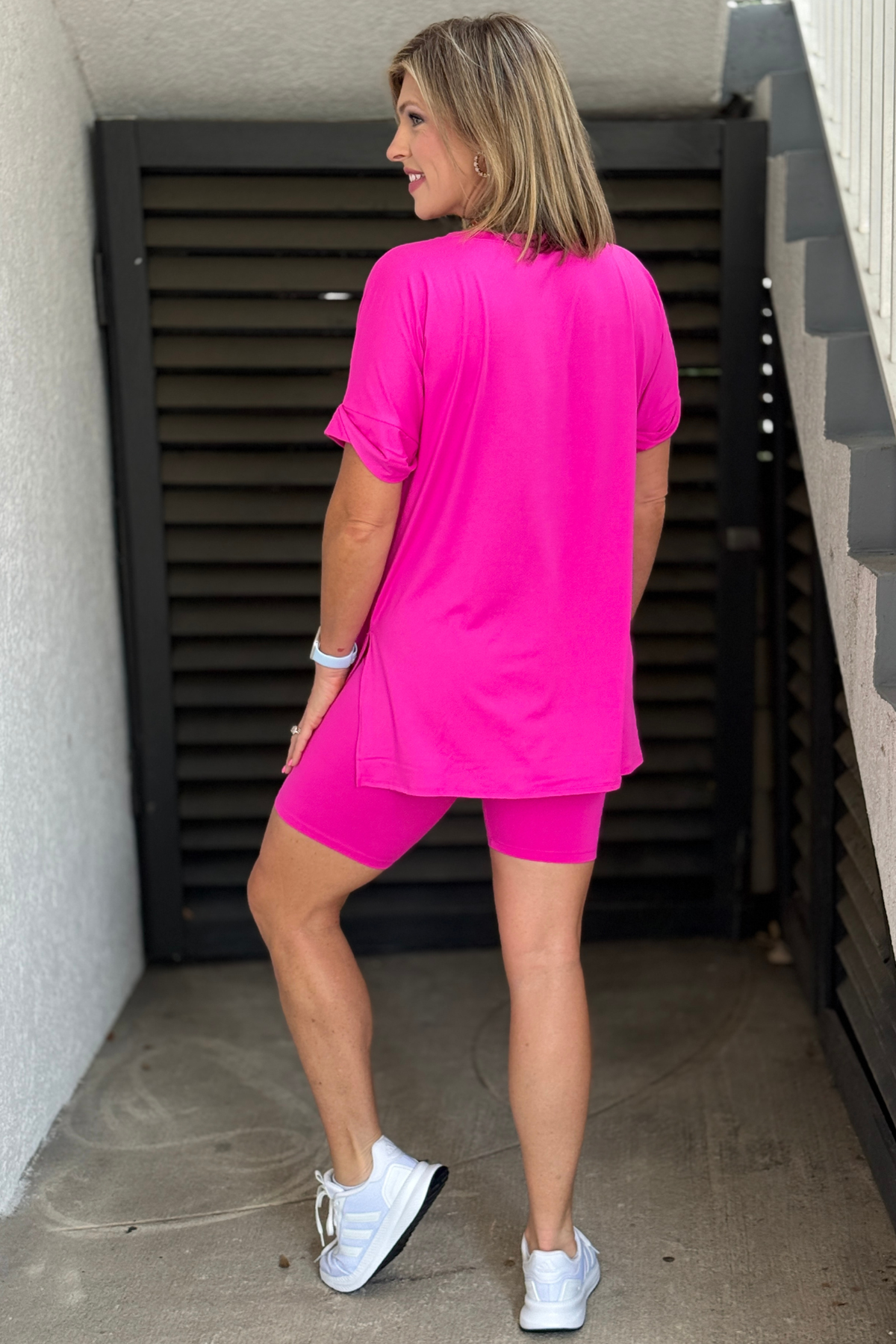 Buttery soft neon pink biker set with oversized V-neck top