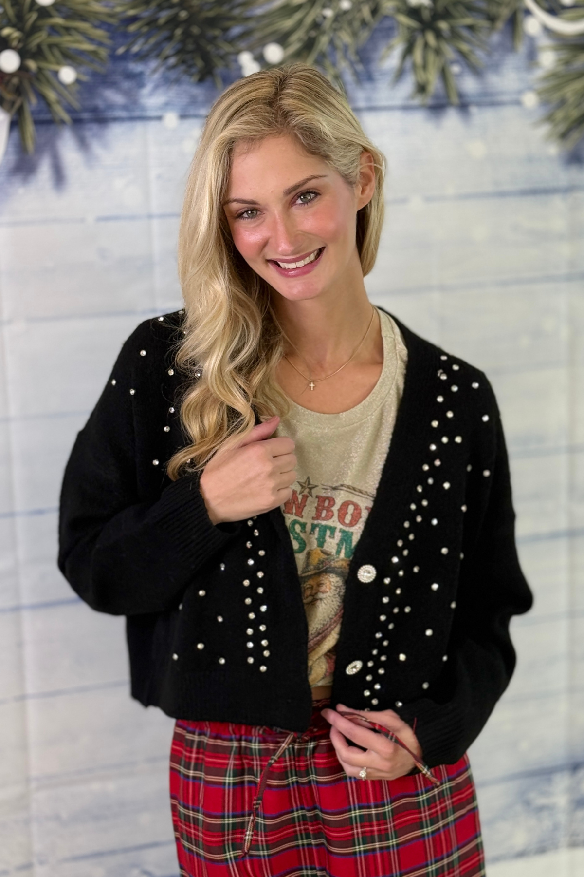 Women’s black rhinestone holiday cardigan
