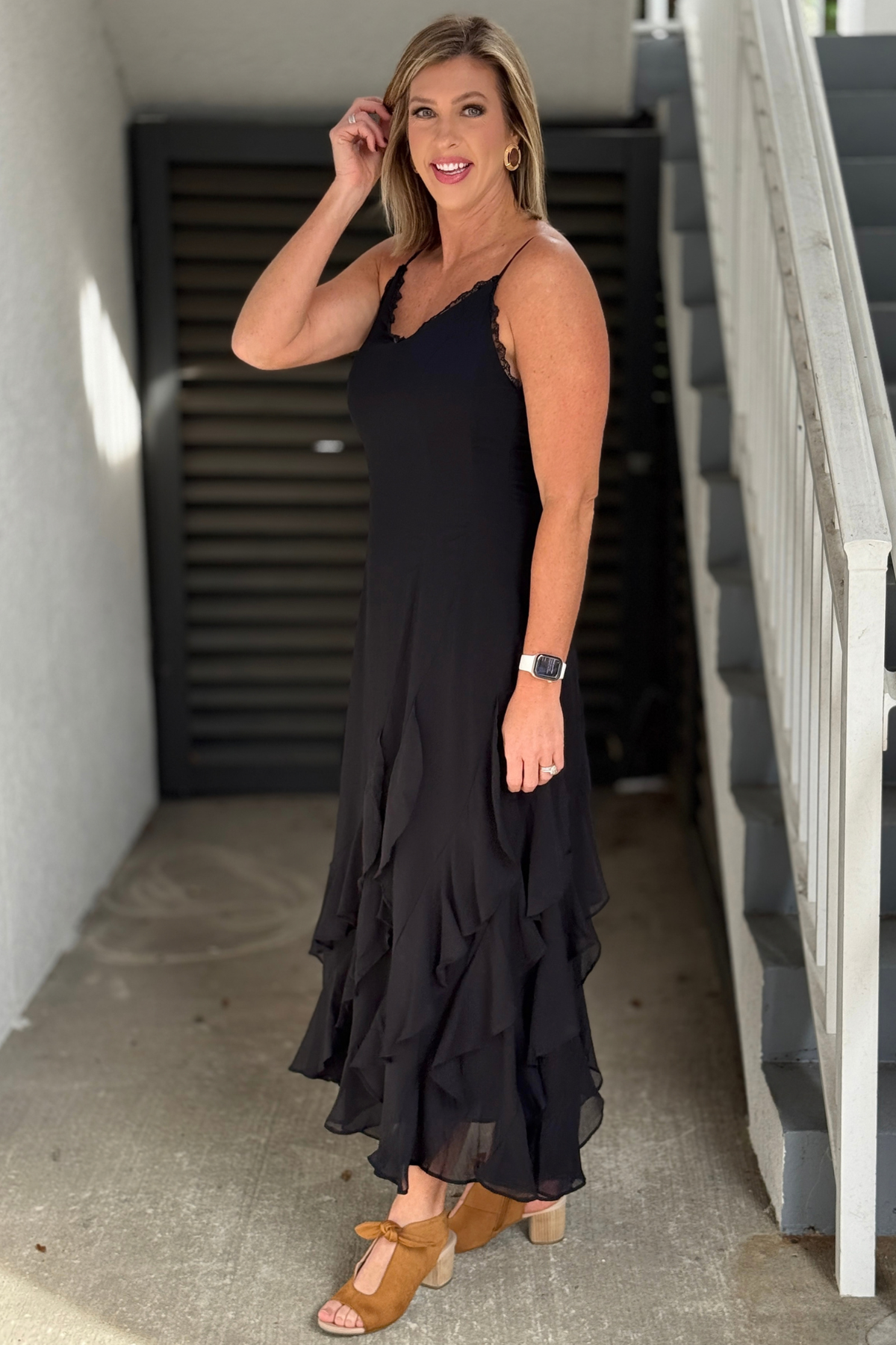 Back view of black lace trim ruffle maxi dress