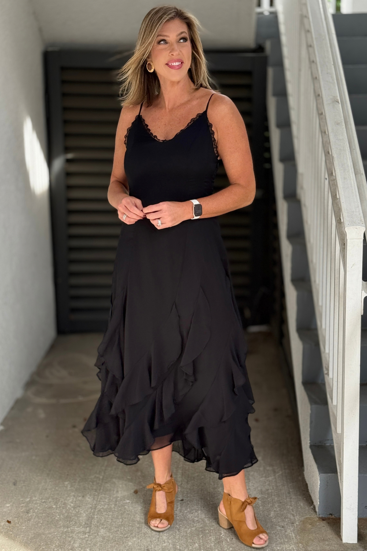 Black lace V-neck cascading ruffle maxi dress