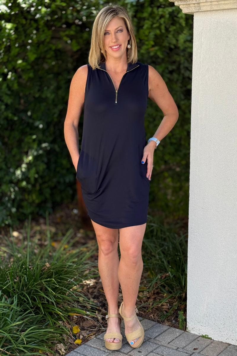 black athletic dress front view with wedge sandals