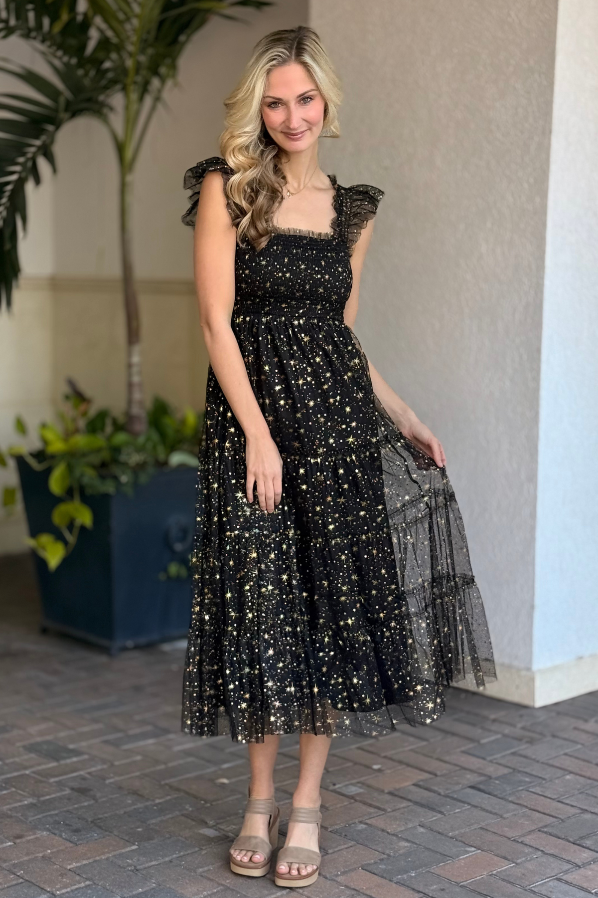 Black mesh dress with gold celestial detailing front view