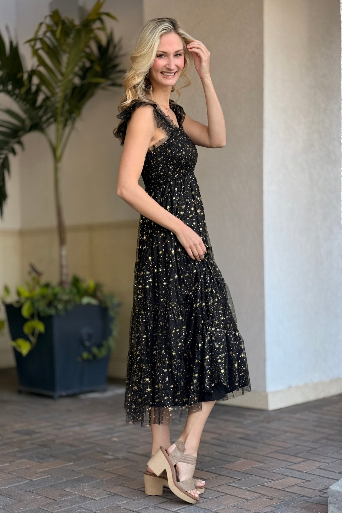 The Cosmic Shimmer Mesh Dress Black & Gold Celestial Mesh Midi | The Pink Nickel Women's Clothing Boutique | The Pink Nickel The Cosmic Shimmer Mesh Dress Black & Gold Celestial Mesh Midi | The Pink Nickel Women's Clothing Boutique | The Pink Nickel