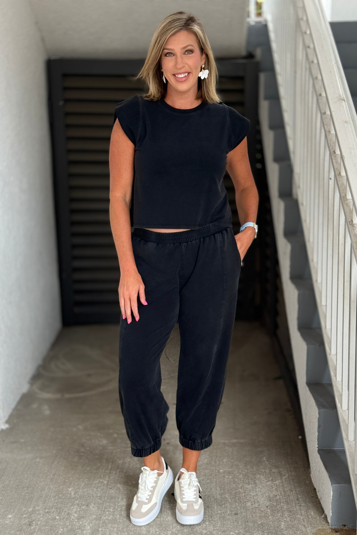 Side view of designer-inspired jogger outfit