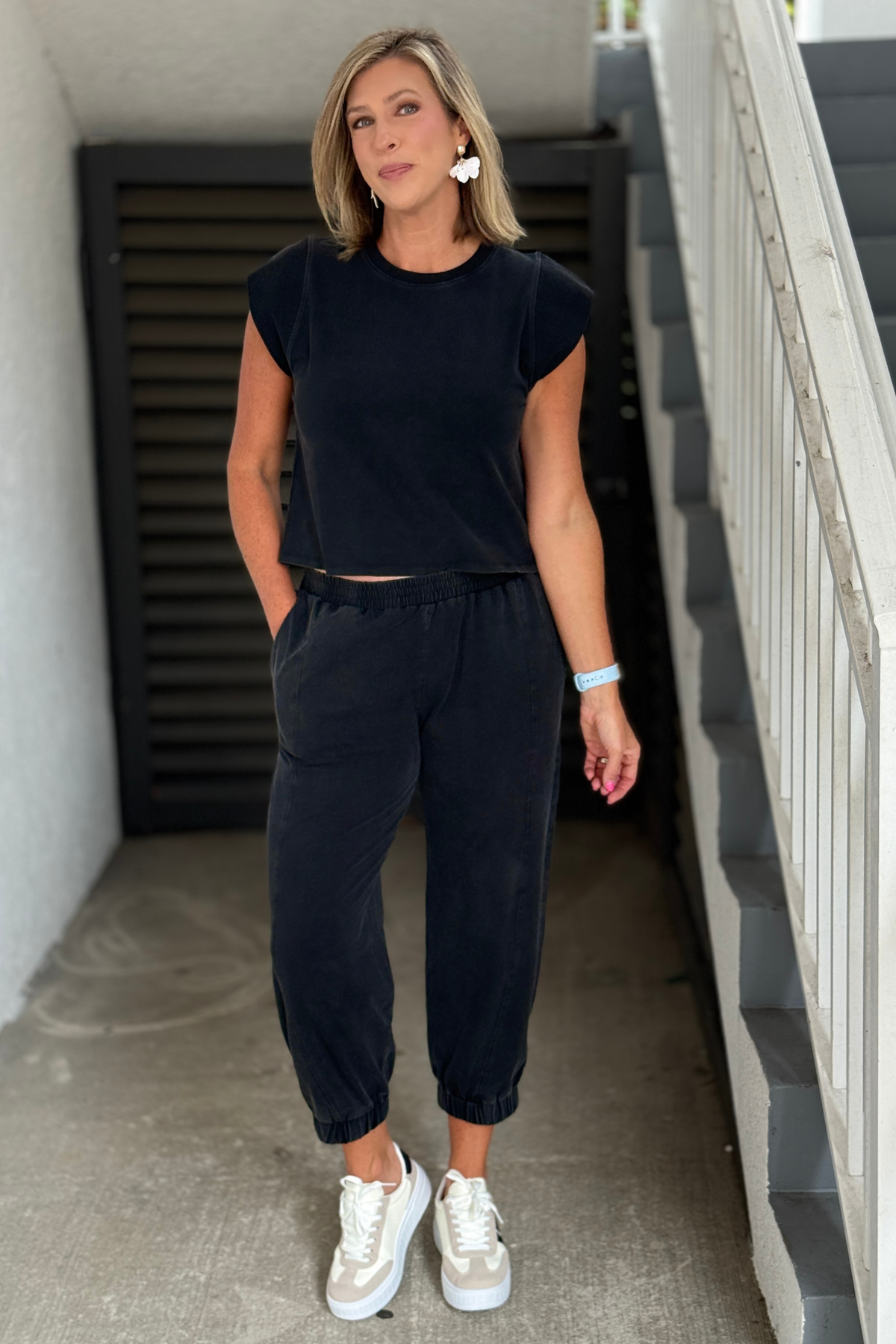 Front view of ash black matching jogger set