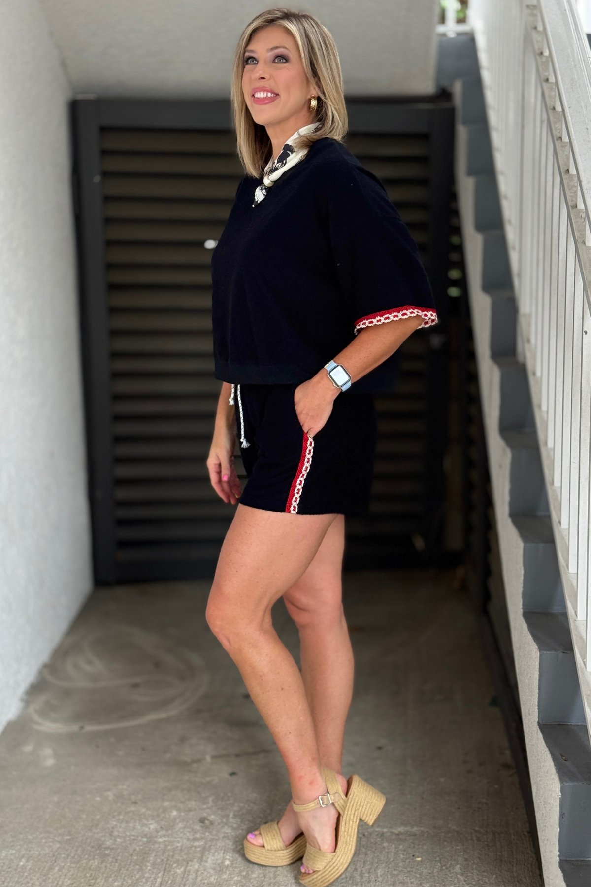 Women's black lounge set with elastic waist shorts
