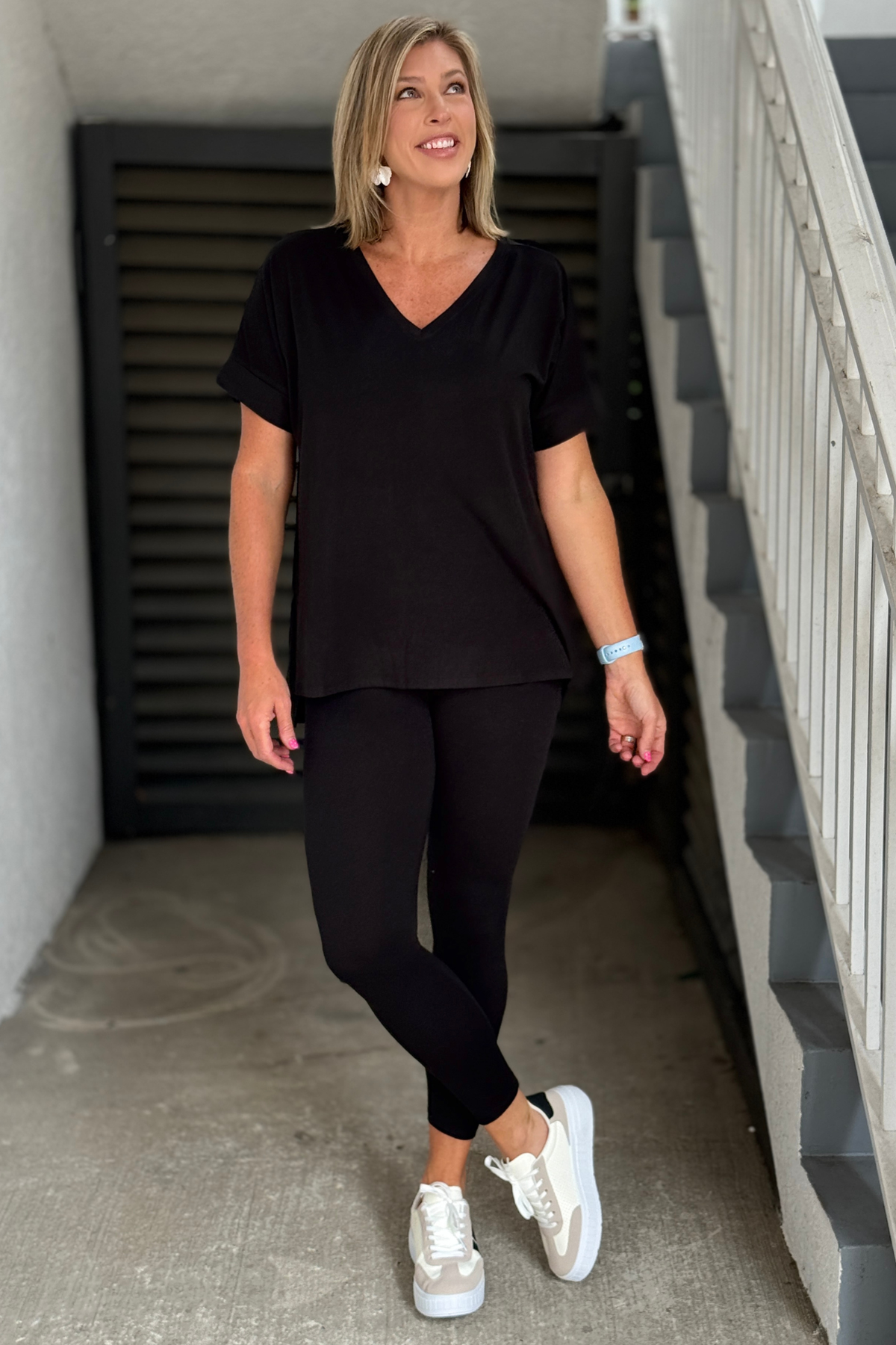 Woman wearing black buttery soft lounge set
