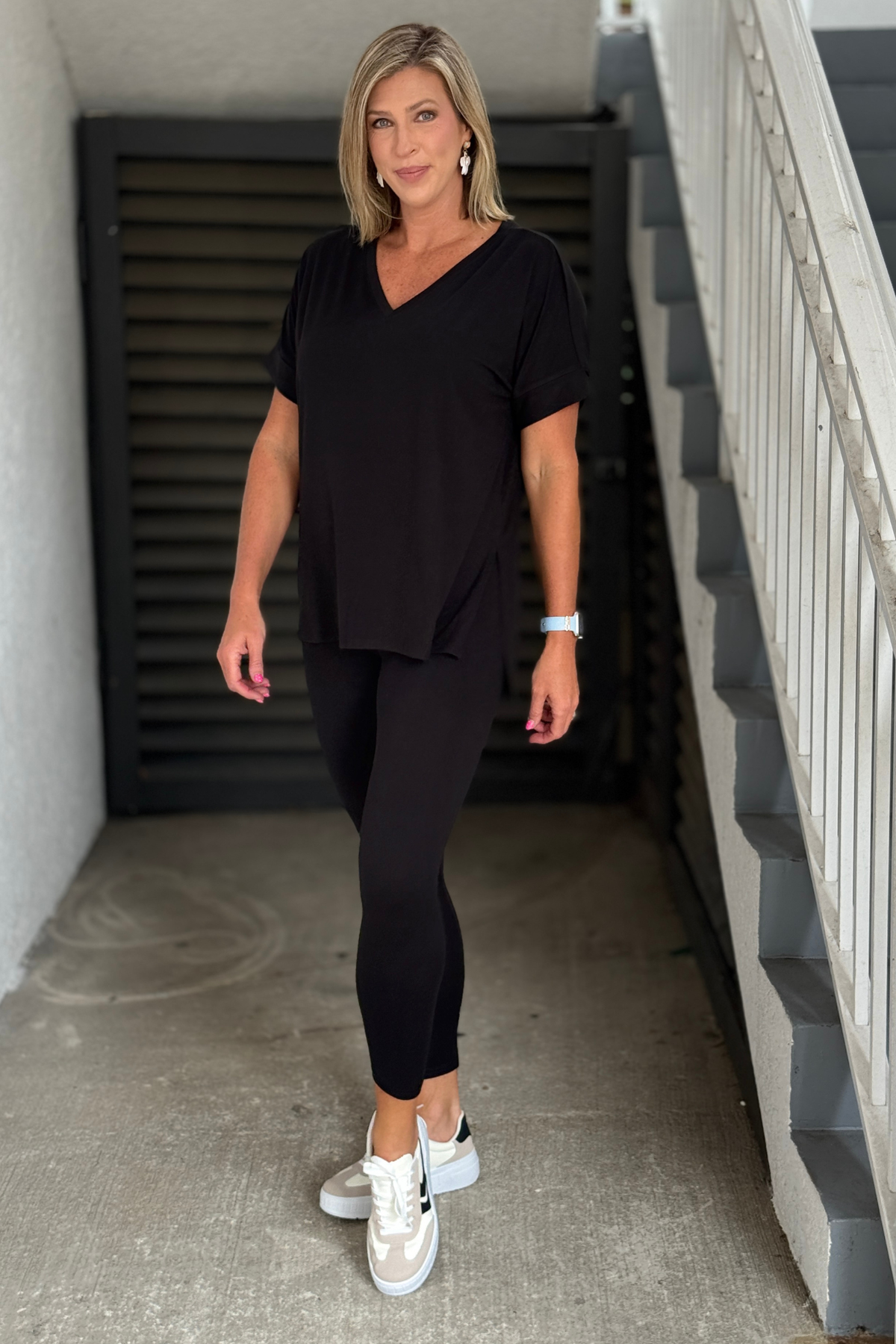 Side view of black matching lounge outfit