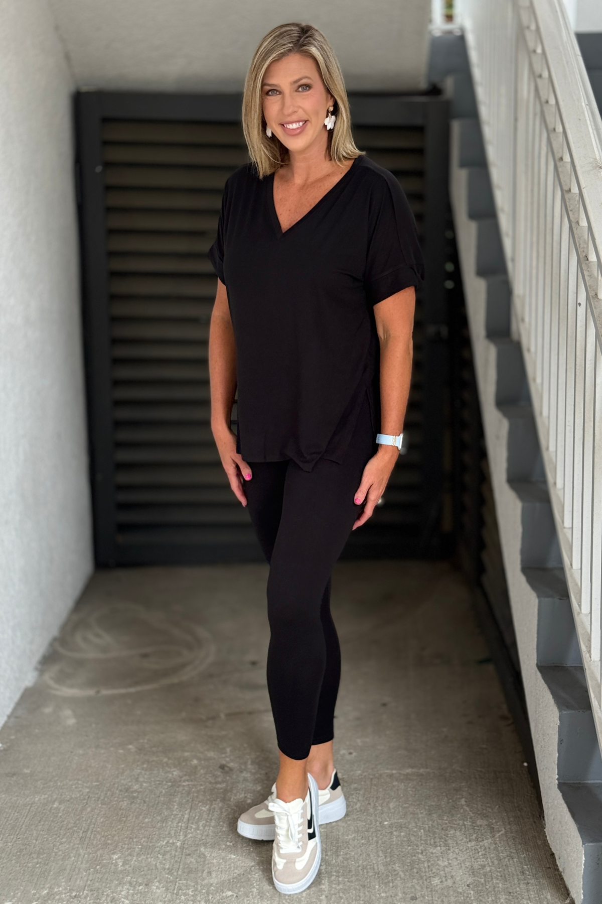 Back view of black lounge set with leggings