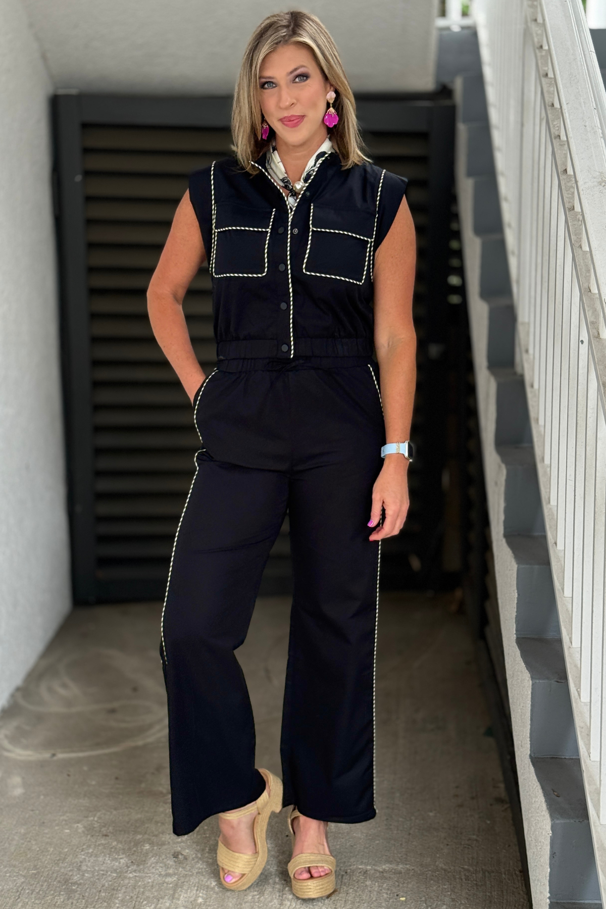 Black two piece set with contrast piping detail