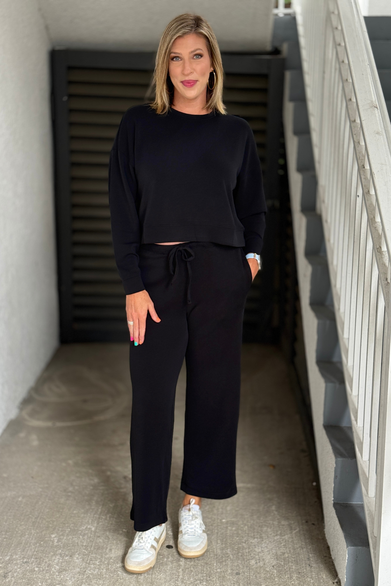 Black butter-soft scuba matching lounge set for women.