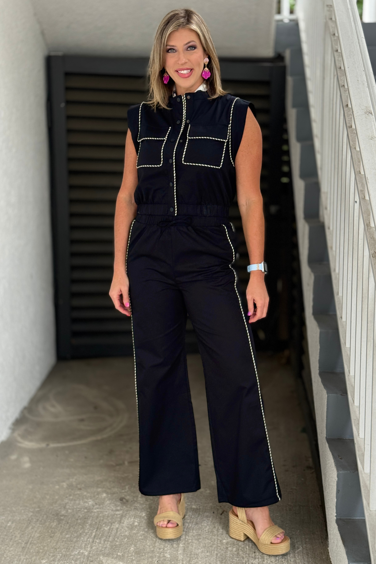 Sleeveless utility top with wide leg trousers