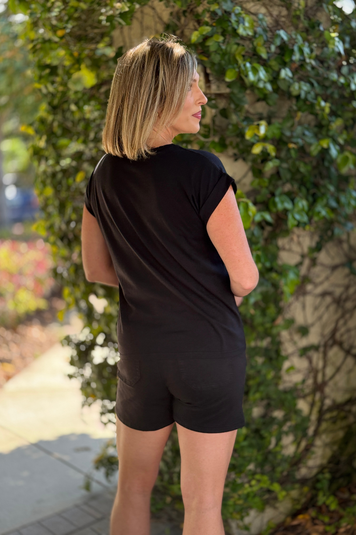 Everyday black basic tee styled with shorts