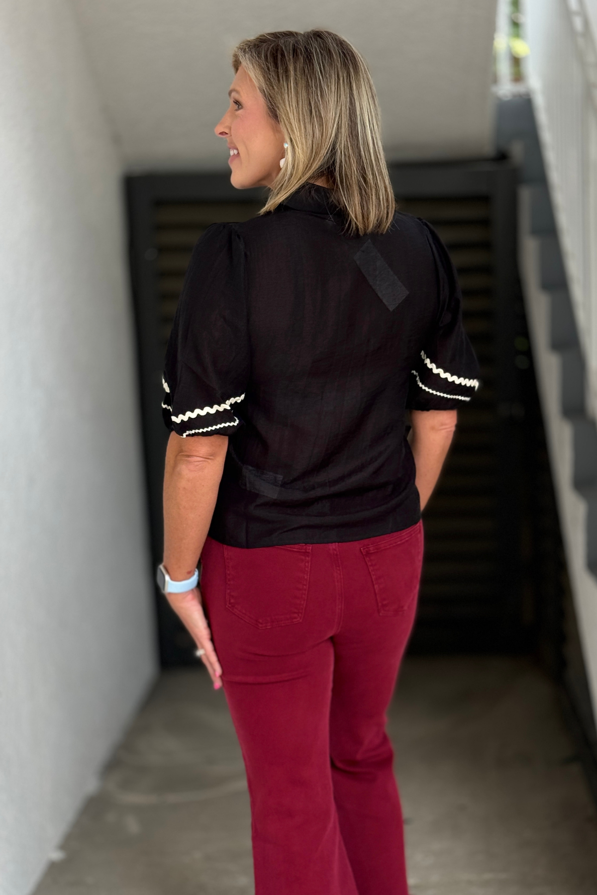 Black contrast trim blouse back view