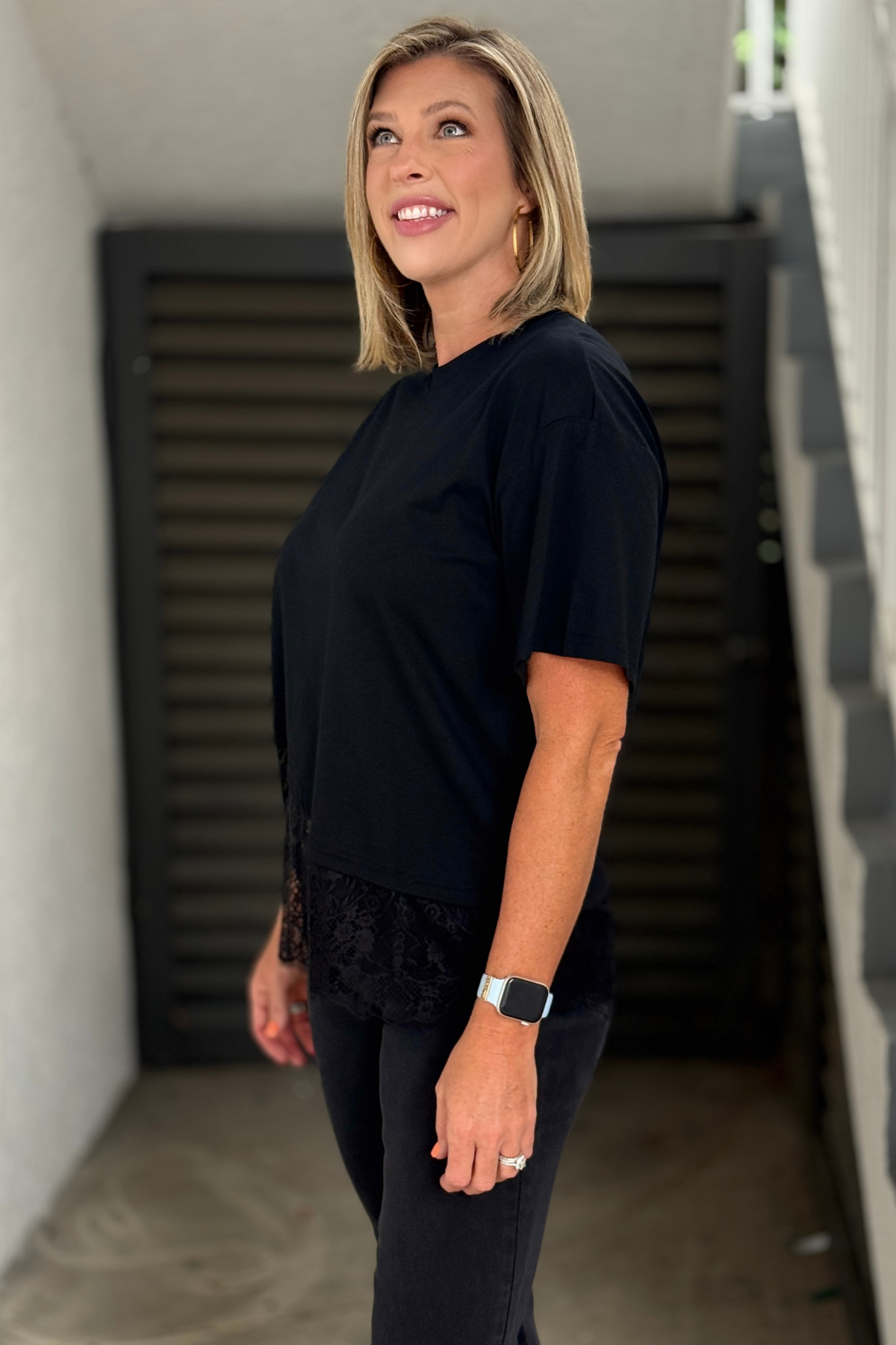 Boutique black short sleeve lace trim shirt