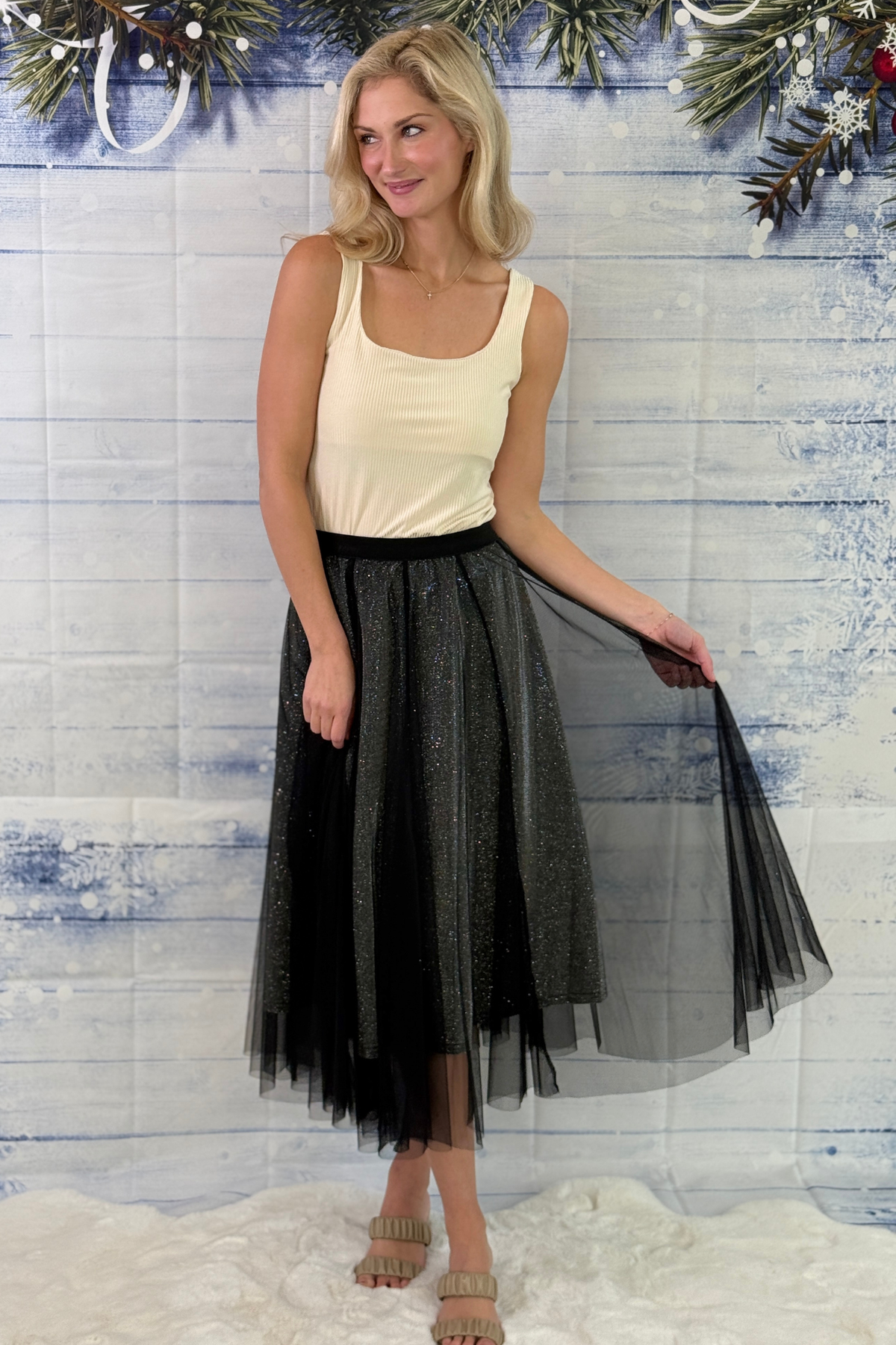 Black shimmer mesh midi skirt for women