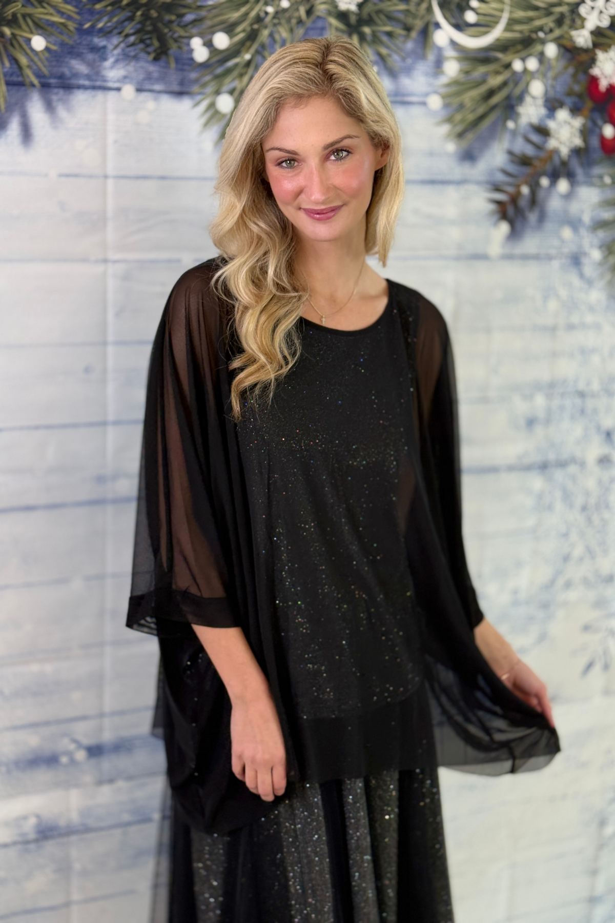 Dressy black mesh tunic top for women