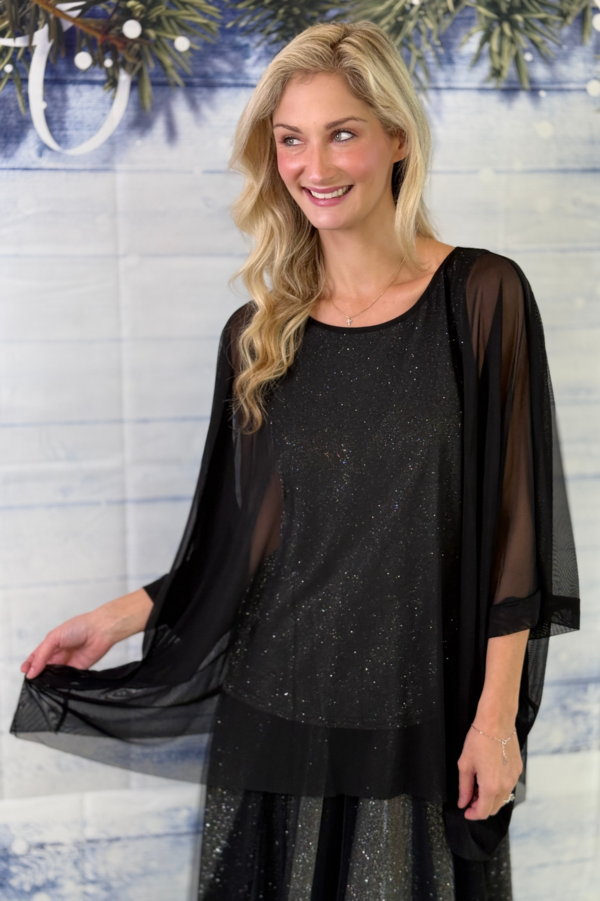 Black mesh tunic top with attached sparkly tank for holiday parties