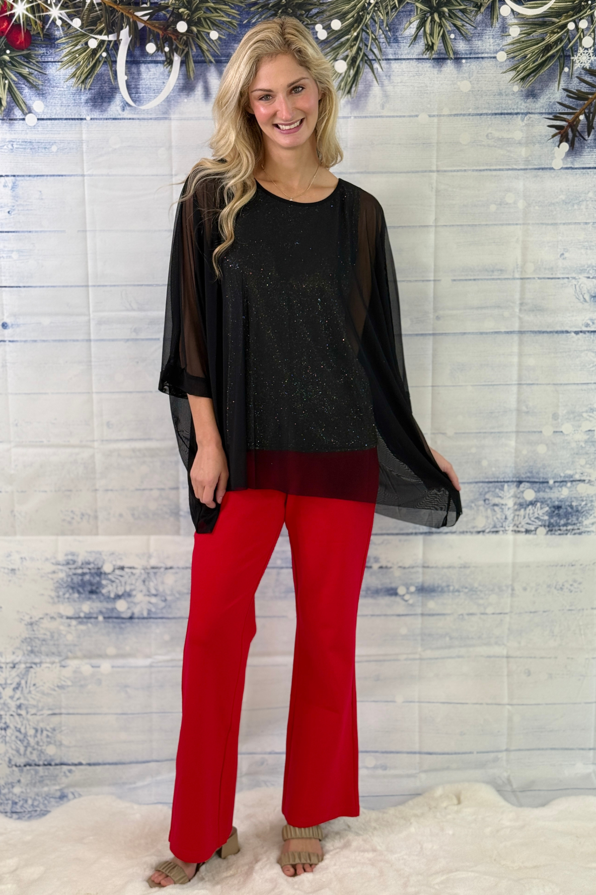 Sheer black mesh overlay top with glitter tank