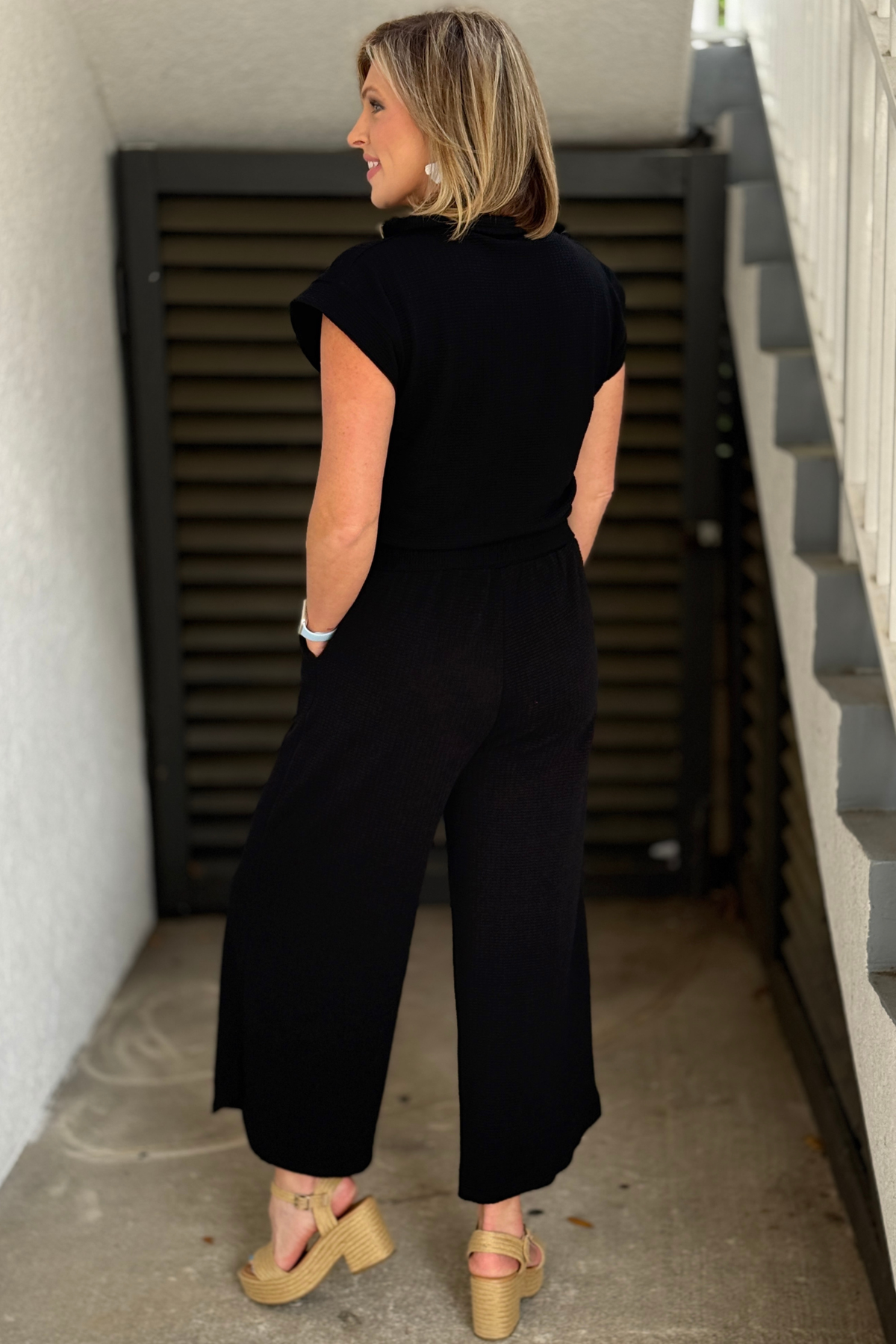 textured knit two piece set with mock neck half zip top