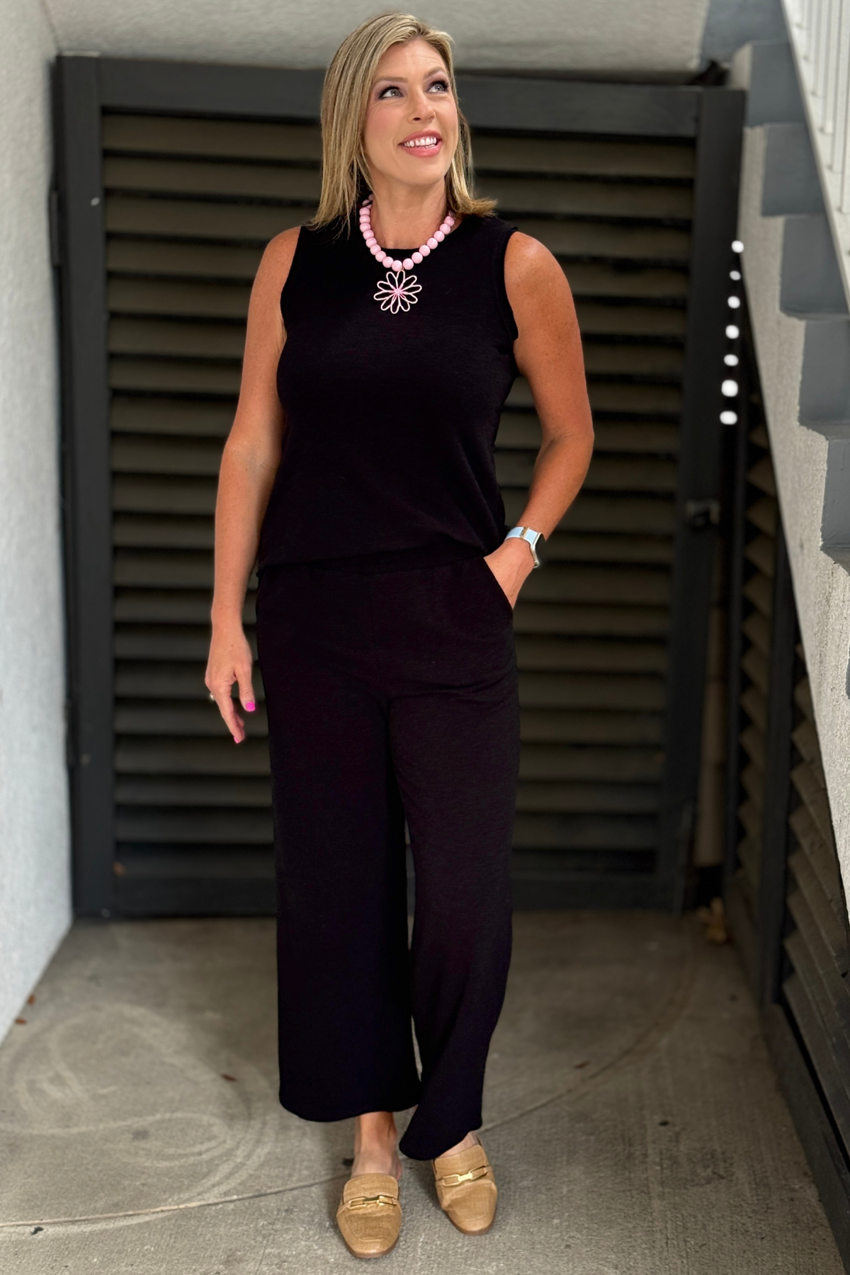 Black cotton slub sleeveless top and wide leg pants set