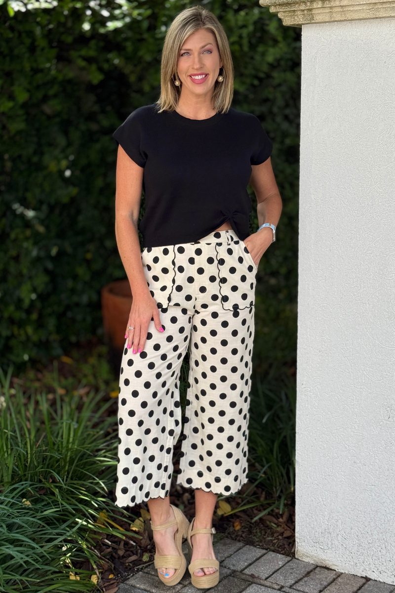 Black and cream polka dot wide leg pants
