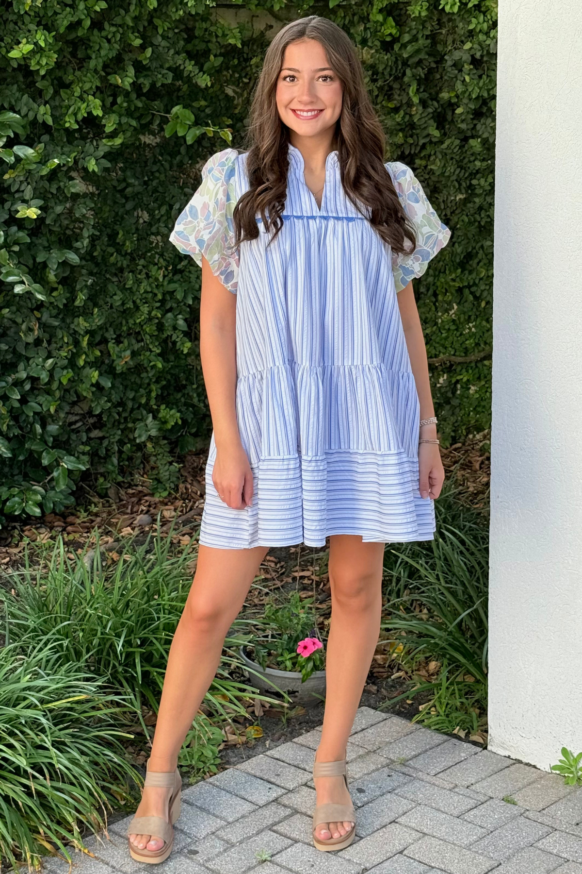 The Bloomstripe Babydoll Dress in Blue