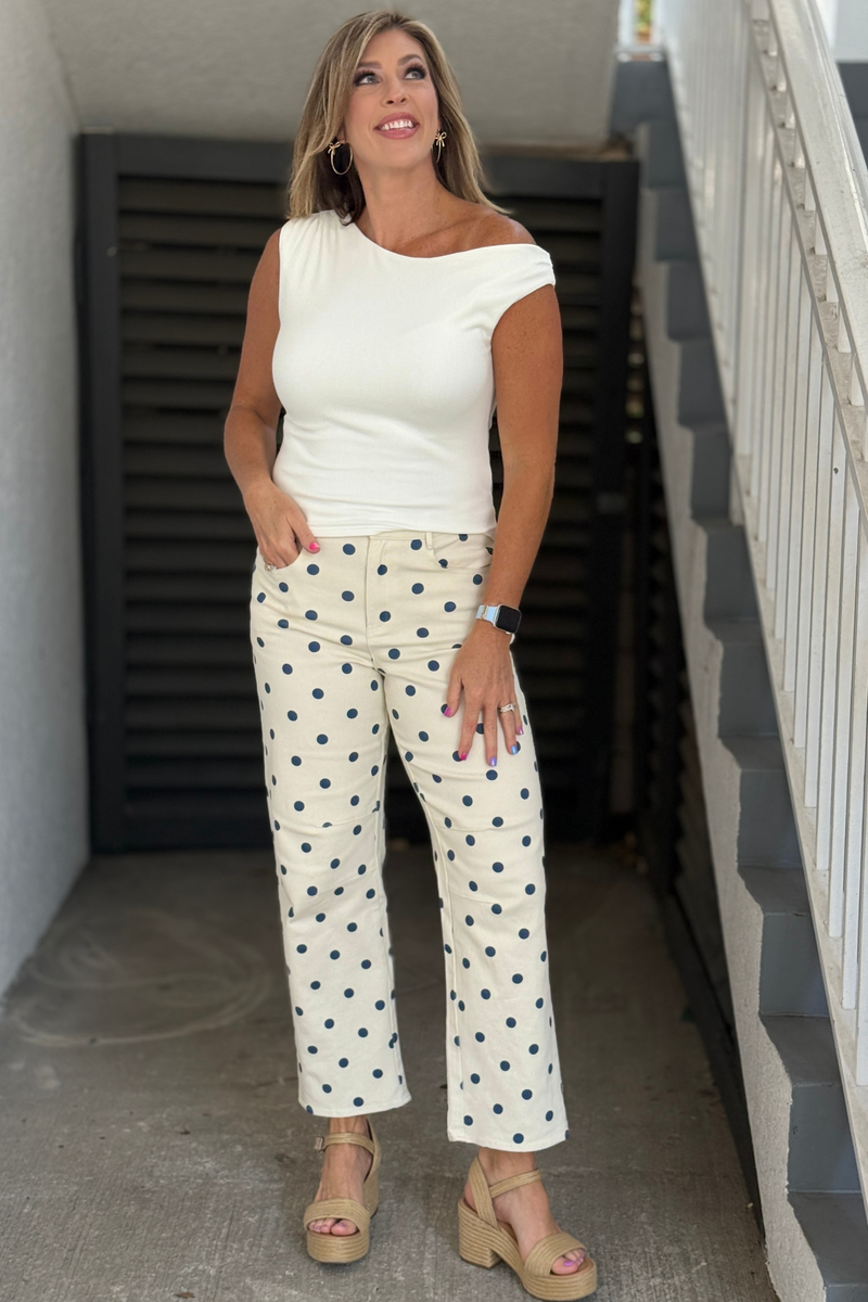 Women's polka dot twill barrel-leg pants in cream and navy