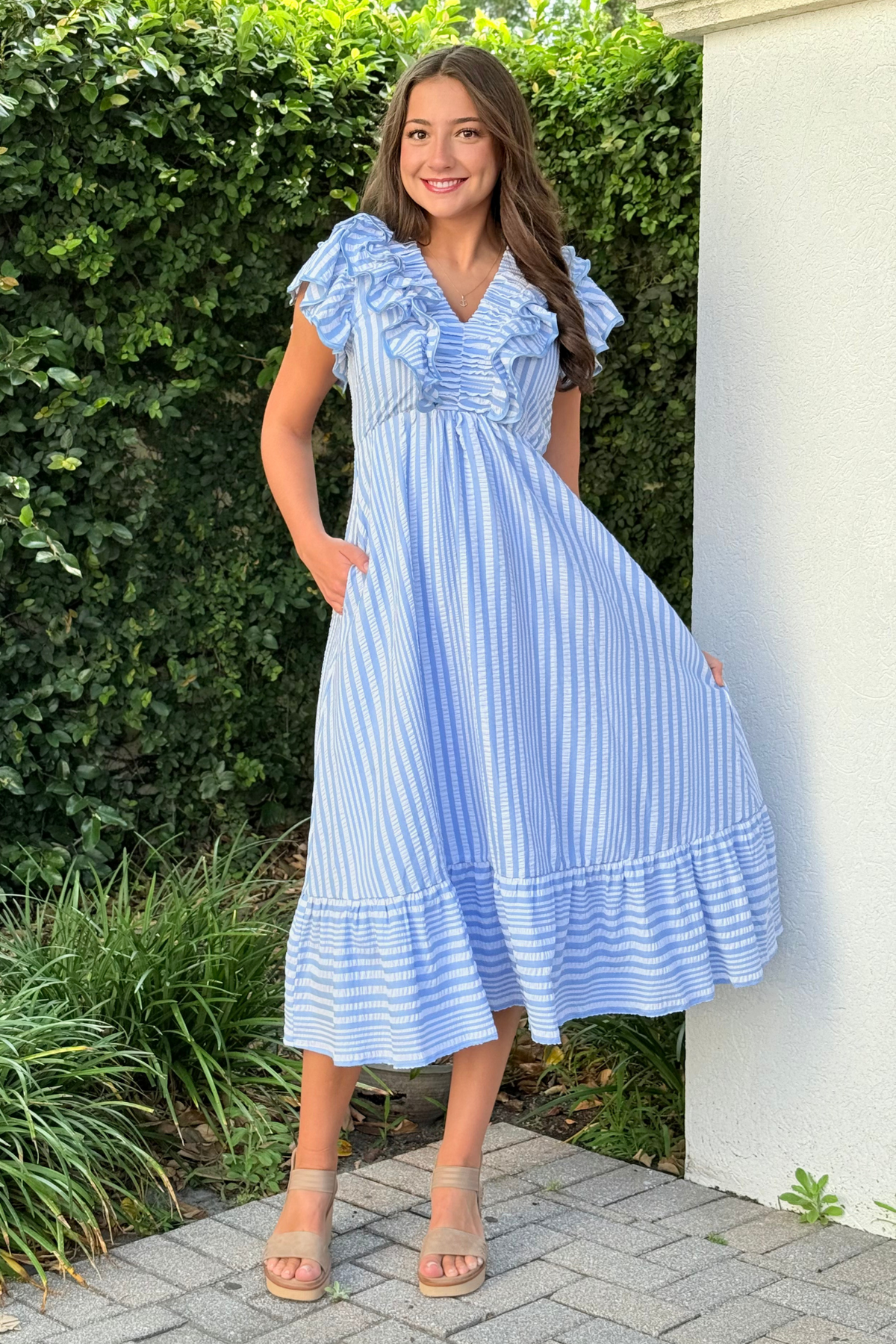 The Skye Striped Ruffle Midi Dress in Light Blue
