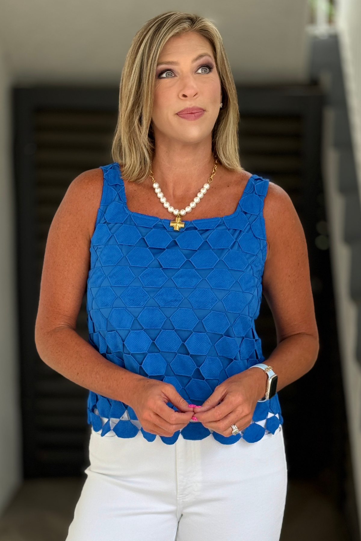 Cobalt Blue Square Neck Lace Tank