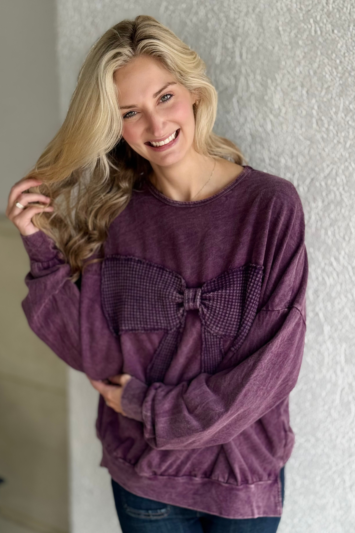Waffle Bow Terry Sweatshirt in Eggplant front view