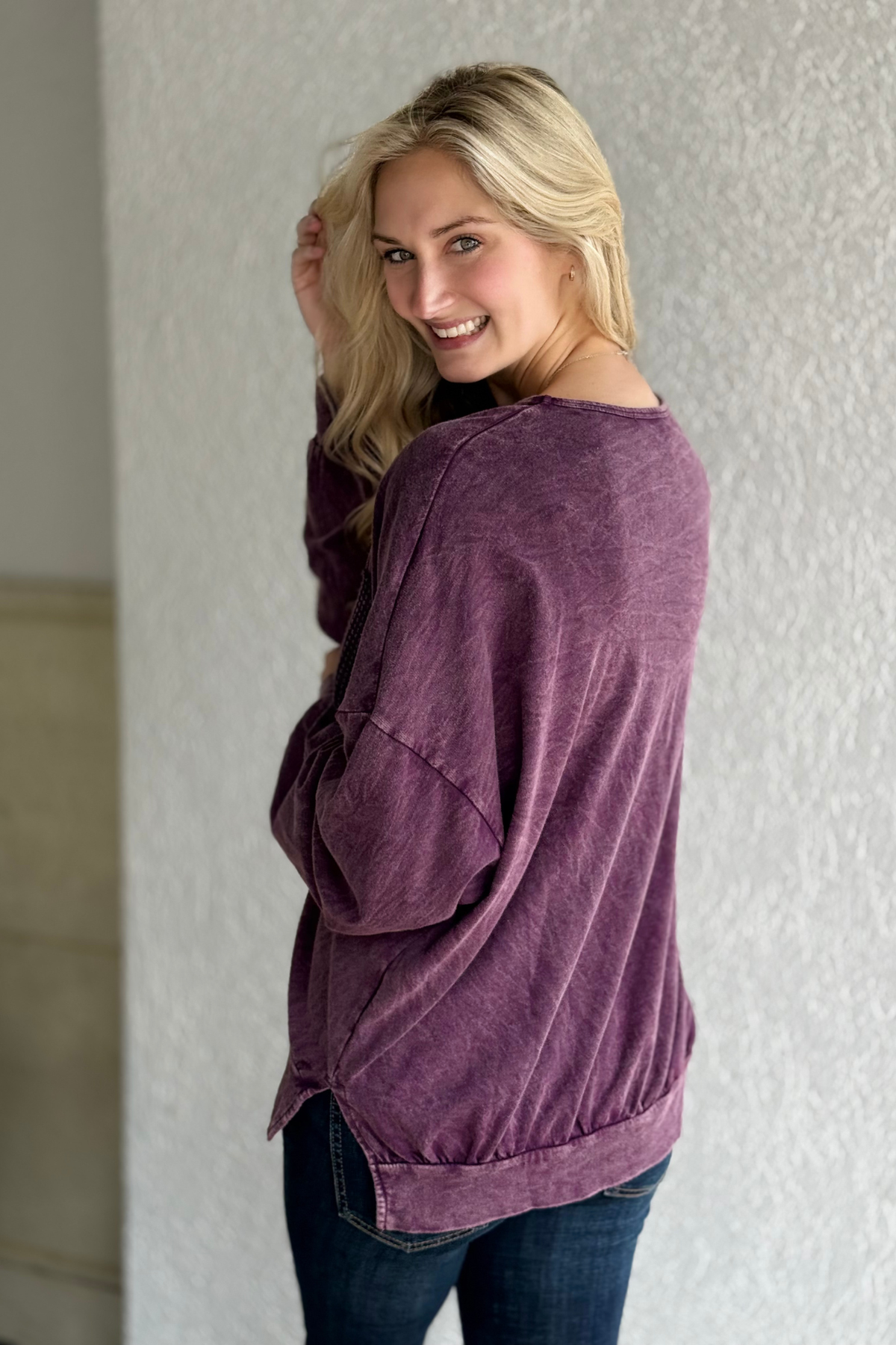 Oversized Eggplant Terry Top with bow accent